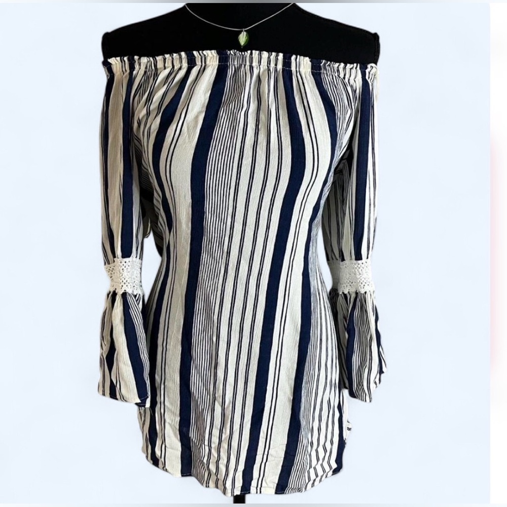 Off-Shoulder Navy & White Striped Dress Beach Cover-up - Picture 3 of 4